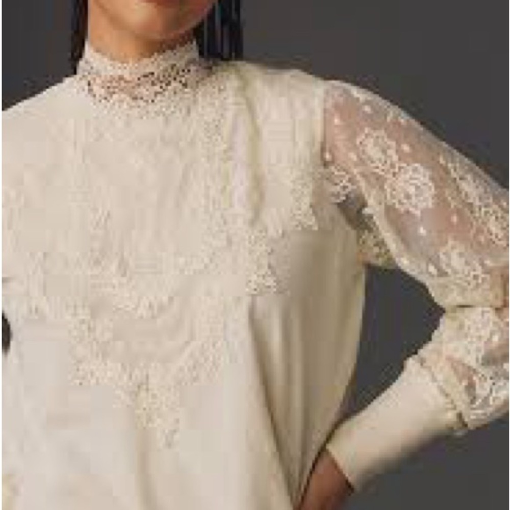 Tiny Cream Lace Blouse High Neck Embroidered Long Sleeve Top Size S - Picture 2 of 7